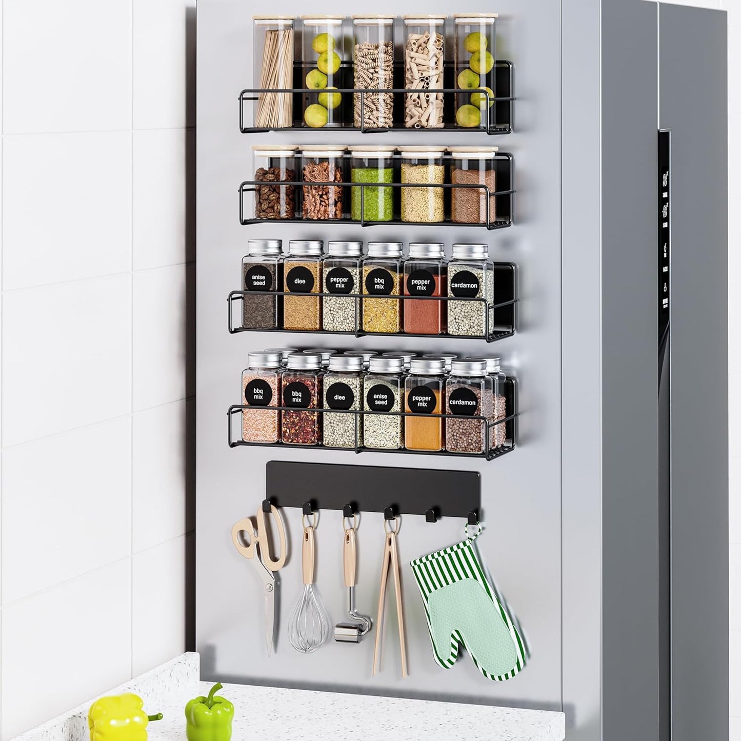 5-Pack Moveable Magnetic Spice Rack Organizer With 6 Hooks for Refrigerator, Metal Fridge Shelf, Black