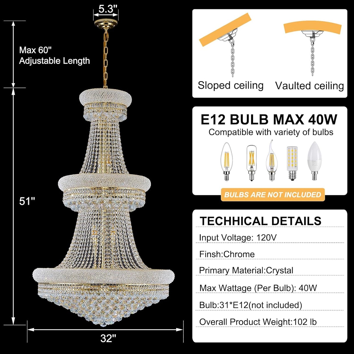 31 - Light Large Empire Crystal Chandelier for High Ceiling Foyer Entryway Staircase Living Room Dining Room Gold Finish