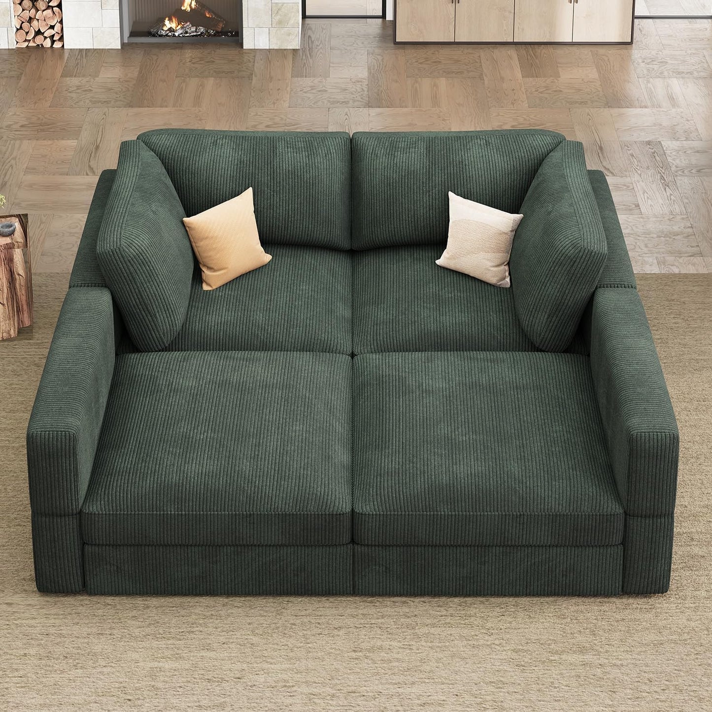 HONBAY Modular Sectional Couches with Storage Corduroy Sleeper Sofa Modular Sectional Couches for Living Room,Green