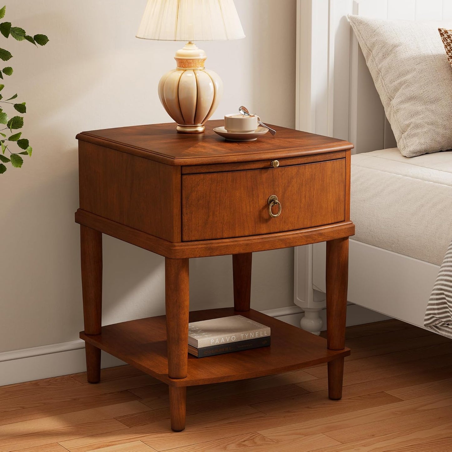 2 Tier Solid Wood Square End Table with Drawer, Wooden Sofa Side Table with Sliding Shelf & Lower Shelf, Nightstand Bedside Table for Living Room Bedroom, 19.7x17.7x22.8in