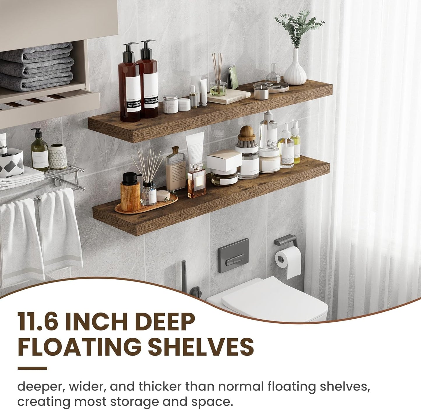 48 Inch Floating Shelves, 11.6 Inch Deep Floating Shelves for Wall, Floating Shelf with Invisible Brackets, Deep Shelves for Bathroom, Bedroom, Living Room, 1 Pack, Brown