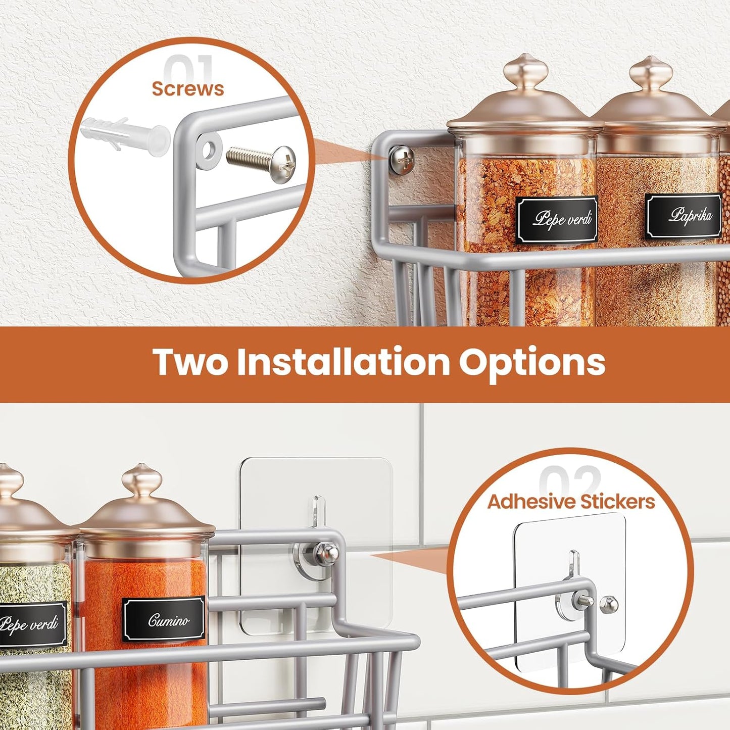 5 Pack Spice Rack Seasoning Organizer Wall Mount, Screw or Adhesive Hanging Shelf Basket Spice Organizer Shelf for Kitchen, Silver