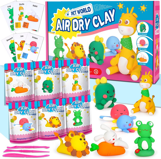 ifergoo Air Dry Clay for Kids - Animal Modeling Clay Kit, 6 Animal Designs with Sculpting Tools & Tutorials, Ultra Light & Soft, Arts & Crafts DIY Creative Toys, Gifts for Age 3-12 Girls & Boys