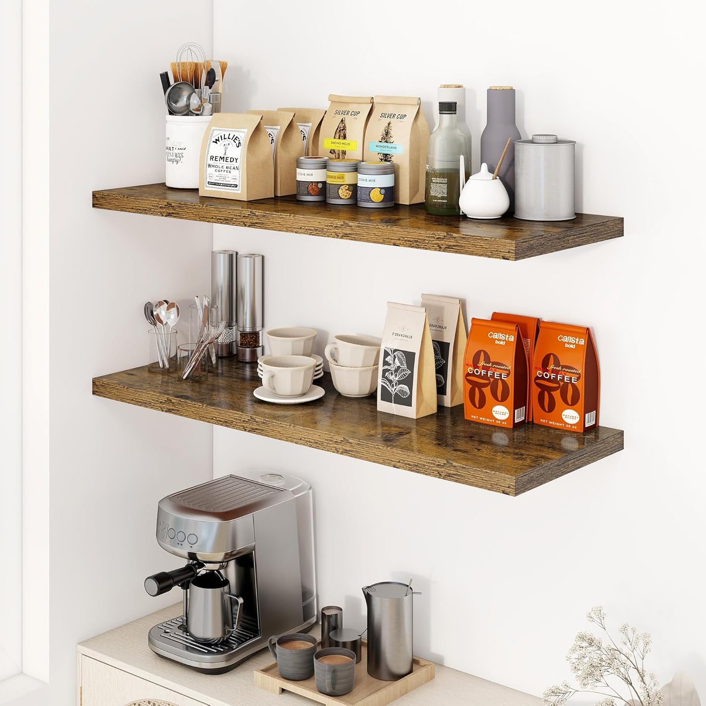 40" Floating Shelves for Wall, 12" Deep Slim Rustic Brown Floating Shelves, Wall-Mounted Shelves for Bedroom, Living Room, Kitchen, Bathroom - Set of 2