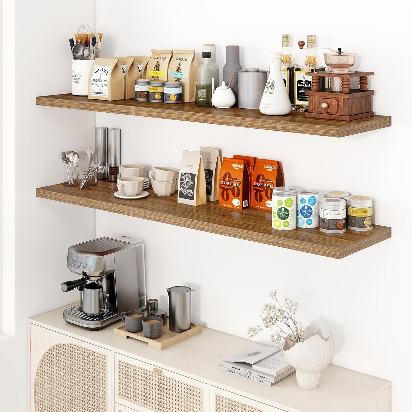 55" Floating Shelves for Wall, 12" Deep Slim Walnut Floating Shelves, Wall-Mounted Shelves for Bedroom, Living Room, Kitchen, Bathroom - Set of 2