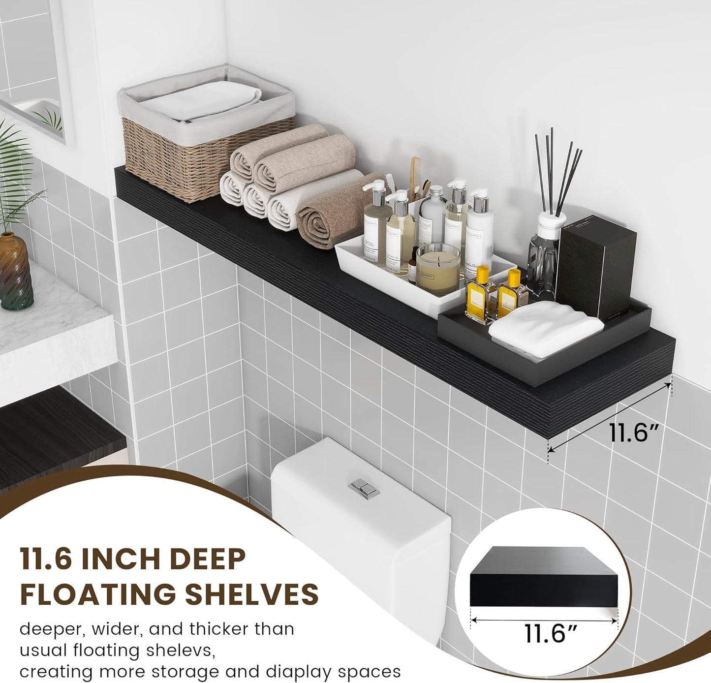12'' Deep Floating Shelves, 48 Inch Large Floating Shelf Black, Deep Wall Shelves for Living Room Bathroom Laundry Room Bedroom Kitchen Home Office - Black