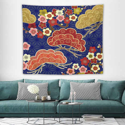 HZOHNAGO Japanese Tapestry Art Abstract Colorful Cherry Blossom Blue Background Pattern Printed Wall Tapestry Painting Wall Hanging for Bedroom Living Room Dorm 60" W x 50" H