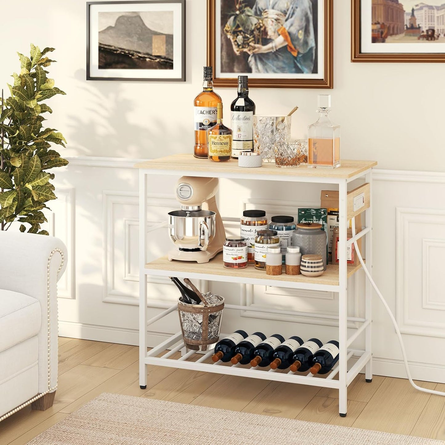 IBUYKE Kitchen Island with Storage, Bakers Rack with Power Outlet,Microwave Stand with Large Worktop,Rolling Bar Cart for Home, Outdoor, Kitchen,Light Wood TMJ029R