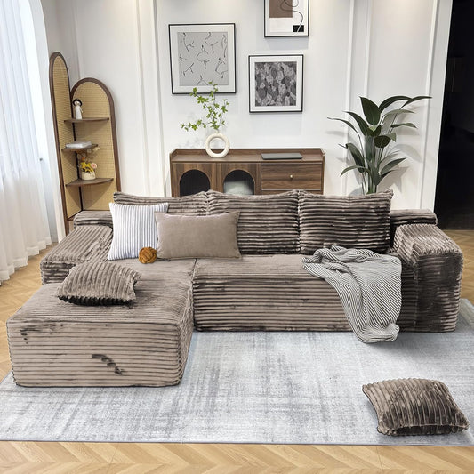 104" Modern Modular L-Shape Sofa Couch with Chaise Light Coffee Faux Rabbit Fur Cloud Sectional Couch with Deep Seat Modular Sectional Sofa No Assembly Required Upholstered Couches for Living Room