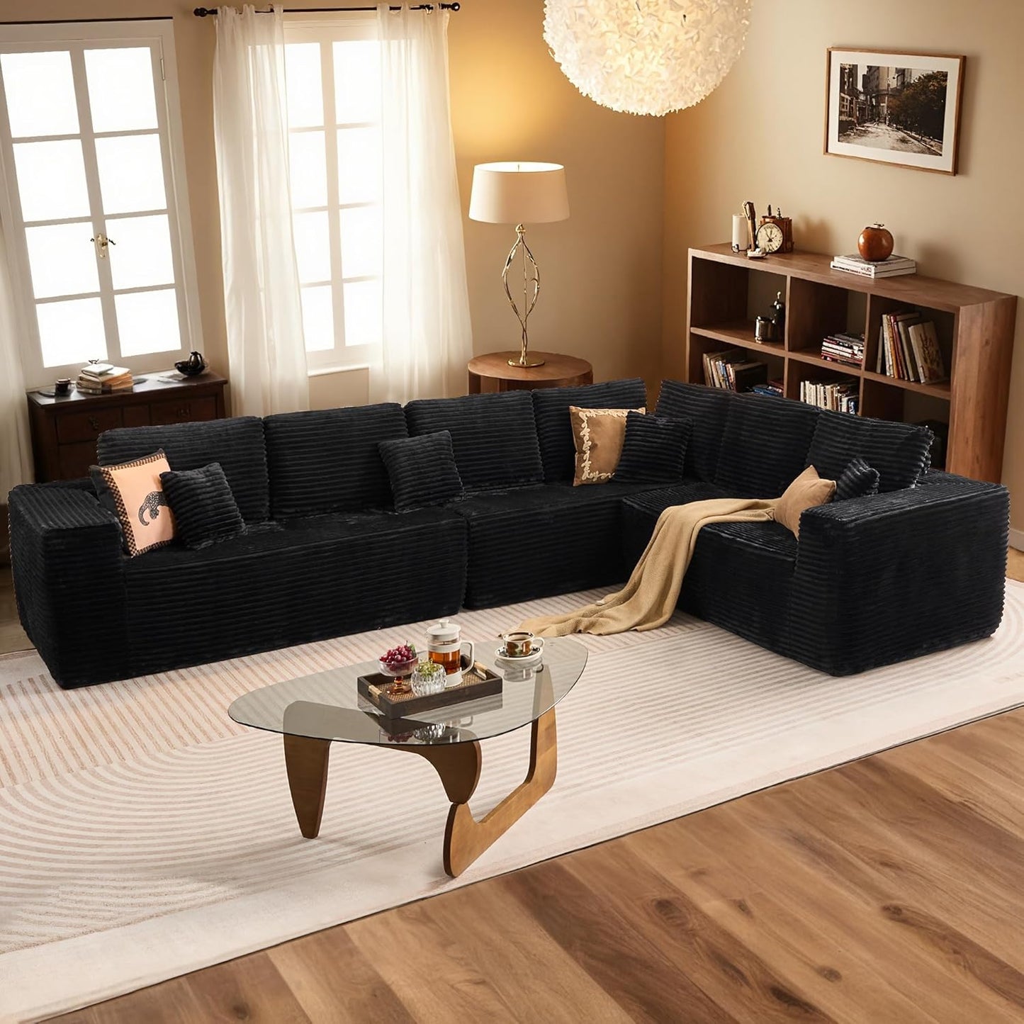HOOOWOOO Cloud Sectional Couches for Living Room,Modular Sectional Sofa No Assembly,138X108 Inch Plush Corduroy Large L Shaped Floor Couch Set with Deep Seat(Black)