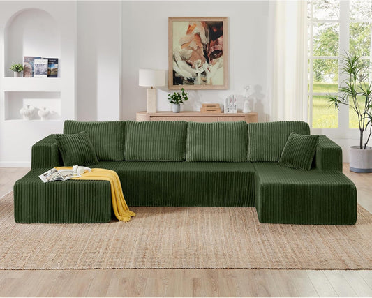 HYJT-H&K Modular Sectional Sofa Cloud Secttional Couch, 132" Comfy U Shaped Couches for Living Room, Deep Seat Memory Foam Fluffy Plush Corduroy Boneless Couch Sectionals with Chaise, Green