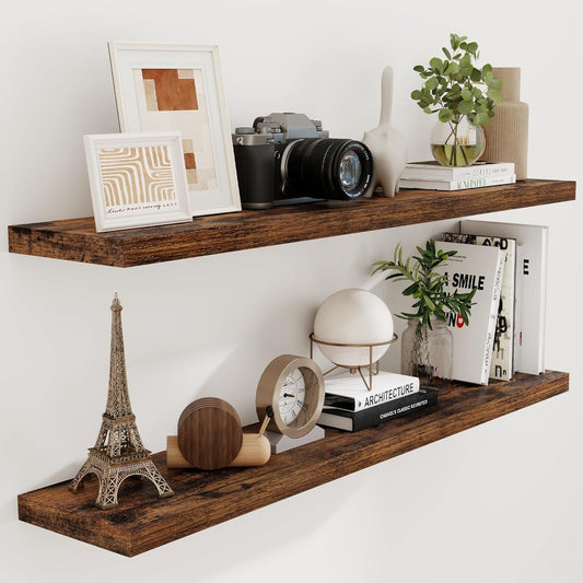55 Inch Floating Shelves Set of 2, Rustic 55 x 9 Floating Shelf for Wall, 9 Inch Deep Wall Shelves Invisible Bracket, Large Deep Shelving for Bedroom, Kicten, Living Room, Rustic Brown Color