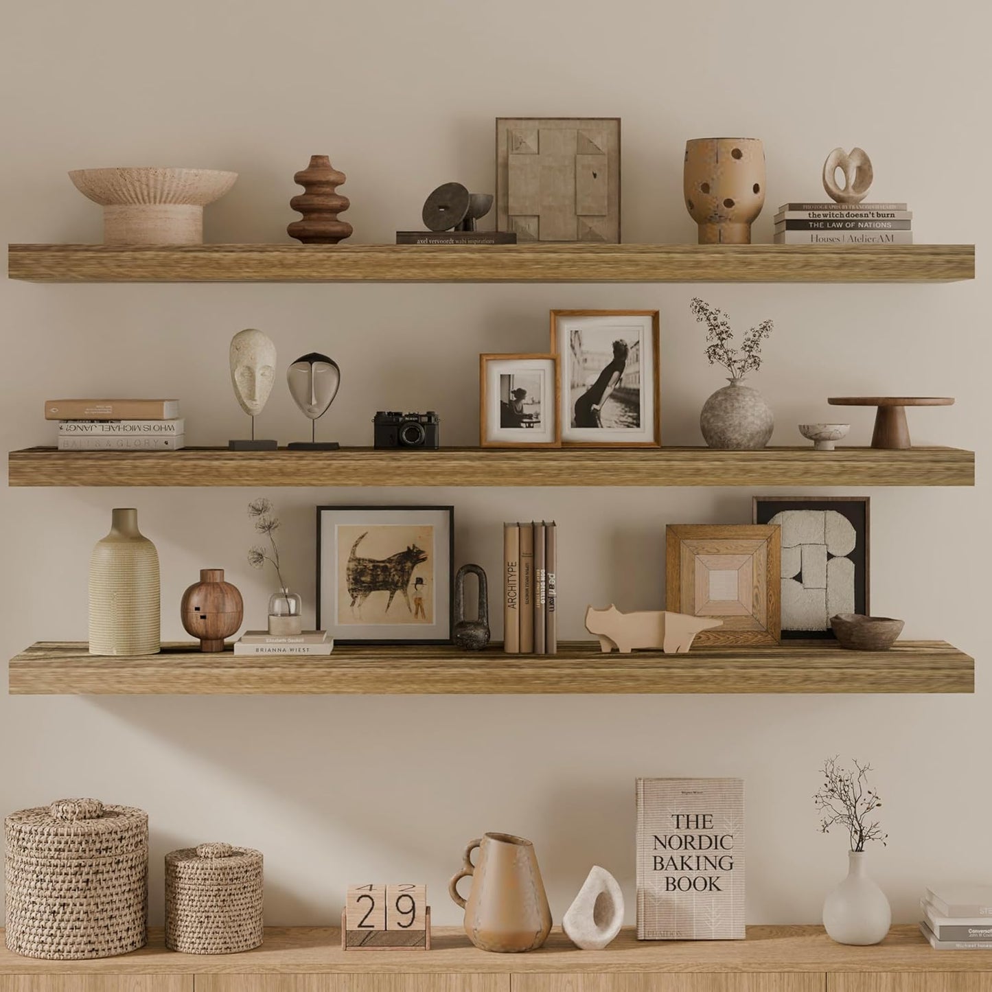 48 Inch Floating Shelves, 8 Inch Deep Floating Shelves for Wall, Hanging Shelf with Invisible Brackets, Wall Mounted Display Shelves for Bathroom, Bedroom, Living Room,3 Tier