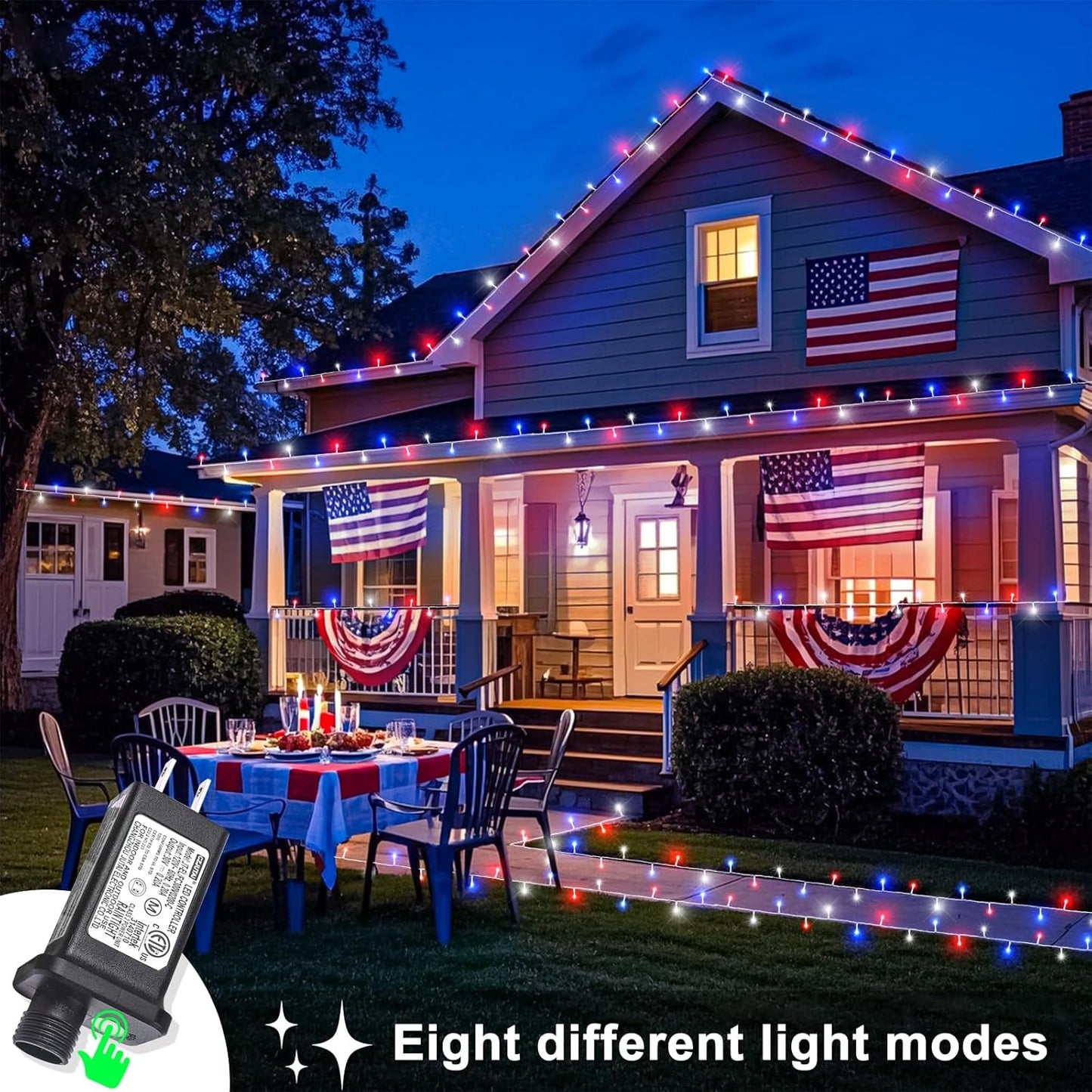 4th of July Decorations Outdoor Red White and Blue Lights, 82FT 250 LED 4th of July Lights Connectable Patriotic String Light Plug in for Memorial Day Independence Day Decorations