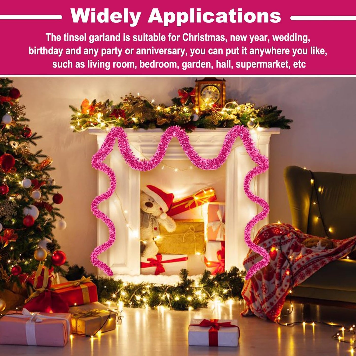 50 Feet Christmas Tinsel Garland, Metallic Twist Wall Hanging Tinsel Backdrop for Parade Floats, Carnival, Birthday, Wedding, New Year Party Decorations (Pink, 2in x 50ft)