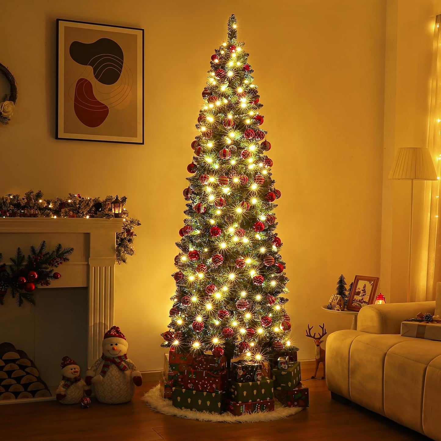 Homde Pencil Christmas Tree 7 Foot Pre-Lit Artificial Christmas Tree with Flocked Snow Pine Cone 210 Warm White Light Holiday Decor