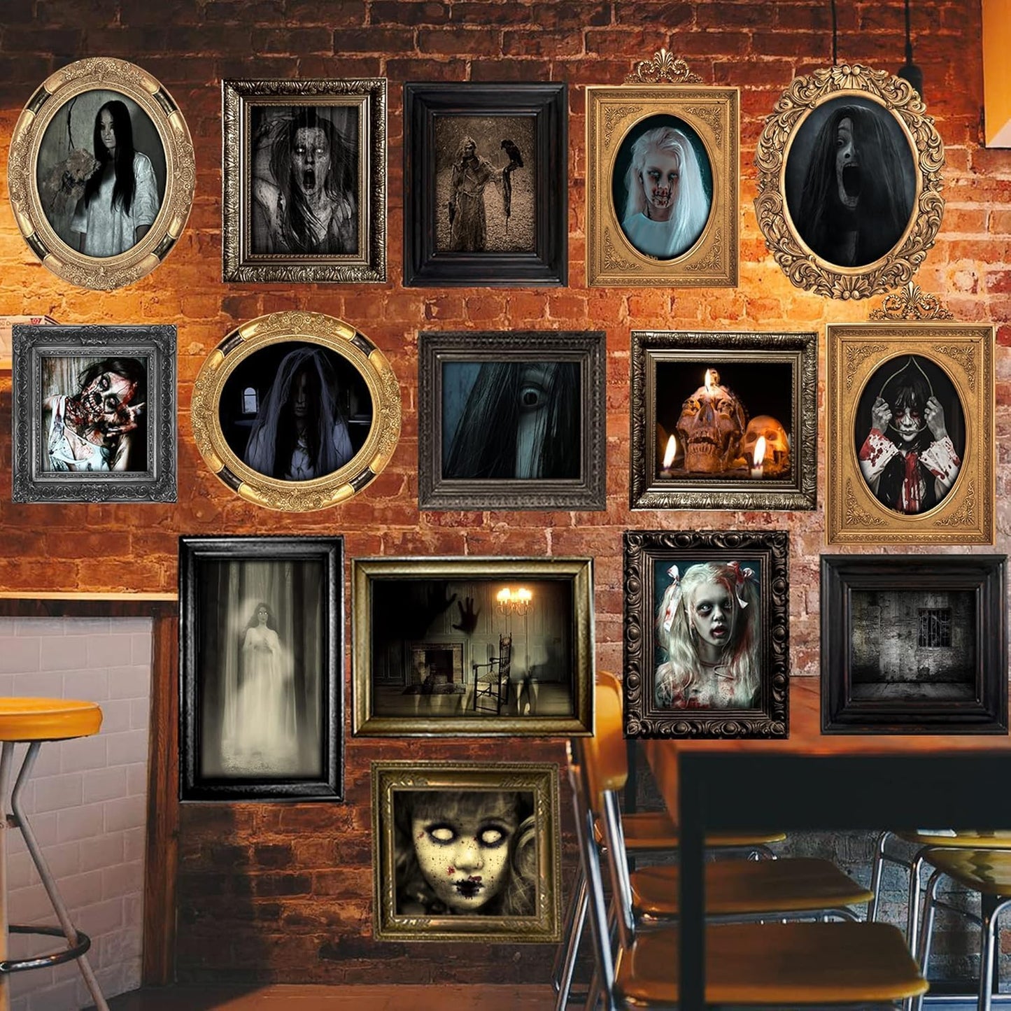 15 Halloween Gothic Mansion Haunted Horror Picture Frames, Waterproof Durable,with 80pcs Self Adhesive Dots, Creepy Photo Decorations For Haunted Home Family Castle Masquerade Party