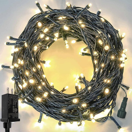 33 FT 100 LED Christmas String Lights Indoor Outdoor, Memory Function & Timer & 8 Modes, UL Certified, Linkable Green Wire Waterproof Twinkle Light for Christmas Tree Party Garden Decor (Warm White)