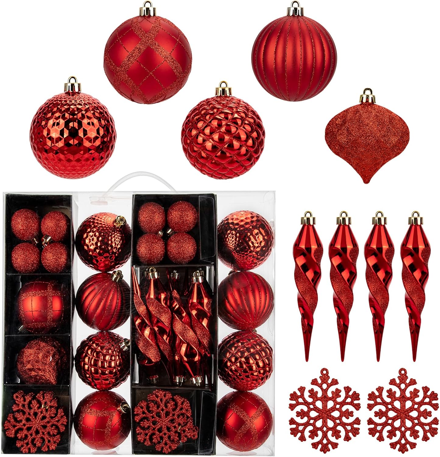 50PCS Christmas Tree Ornaments Set with Shatterproof Balls Icicle Snowflake Hanging Ornaments for Home Office Farmhouse Christmas Decorations, Red