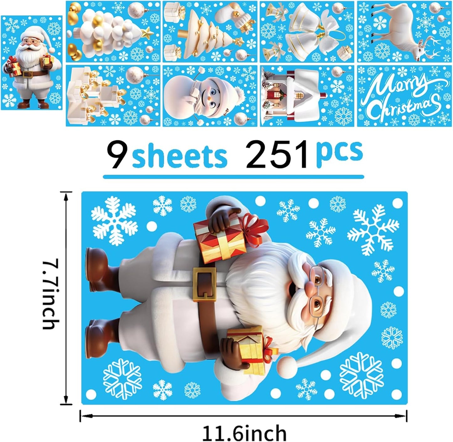 251PCS Christmas Window Clings Stickers for Glass, Xmas Decals Decorations Holiday Snowflakes Santa Snowman Gift and Reindeer Winter Wonderland Decals for Party