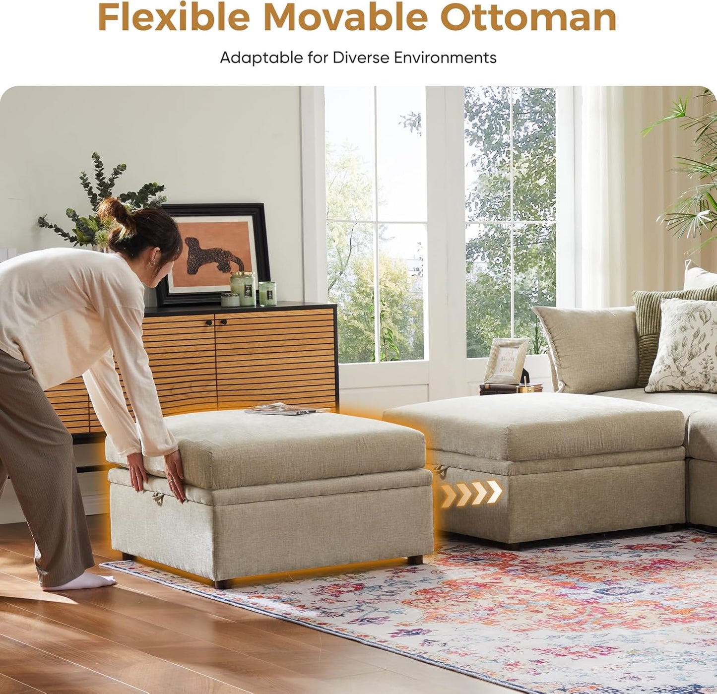 136.4" Oversized Modular Sectional Sofa, L Shaped Convertible Couch with Movable Ottoman, Large 7 Seat Corner Couches for Living Room Deep Seat Beige Chenille