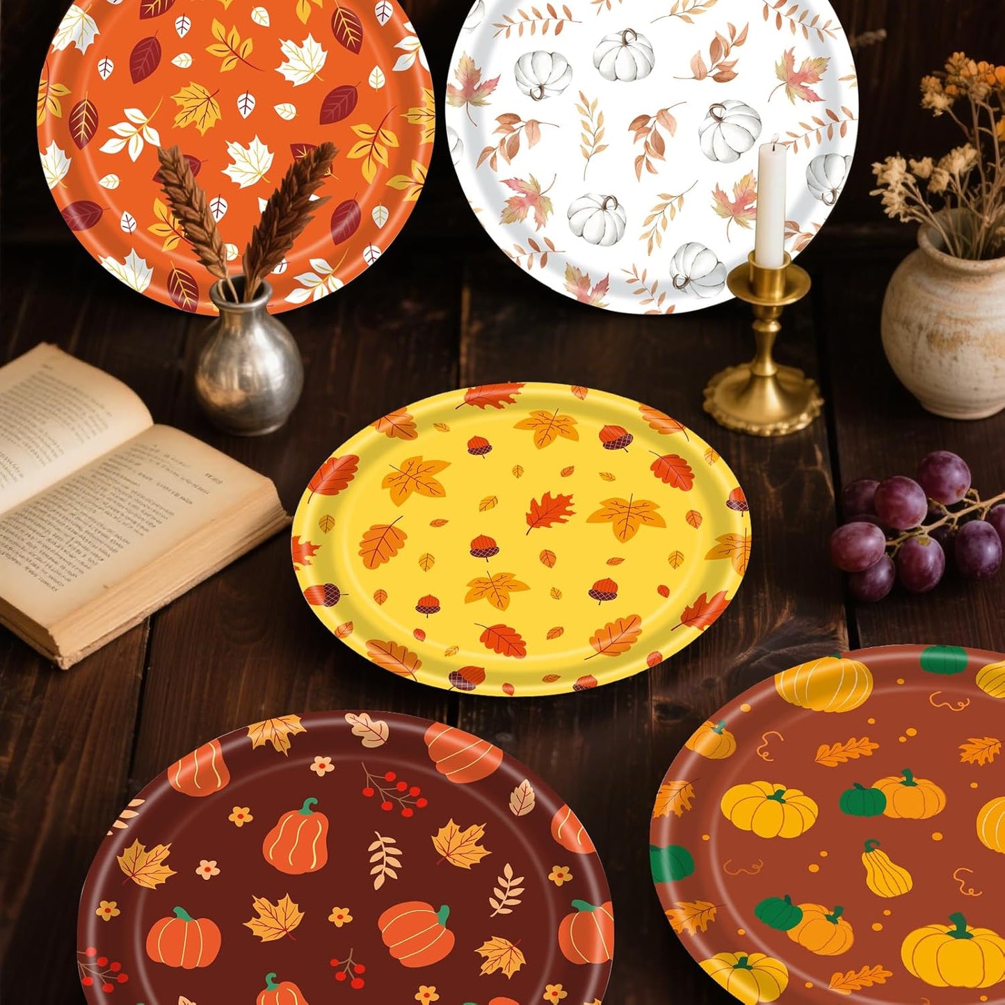 48 PCS Fall Paper Plates 7 inch, Leaves Pumpkin Thanksgiving Party Plates Disposable Cake Dessert Plate for Autumn Theme Party Decorations (Fall)