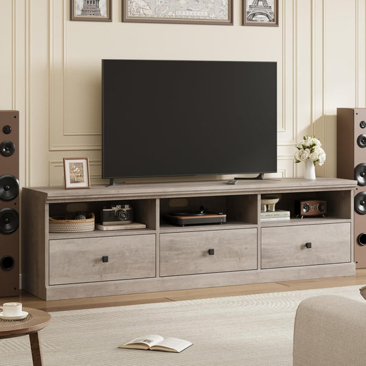 IDEALHOUSE 70in TV Stand for TVs up to 80", Mid Century Modern Entertainment Center with Storage Drawer and Open Shelves, TV Console Media Cabinet for Living Room, Bedroom, Rustic Gray