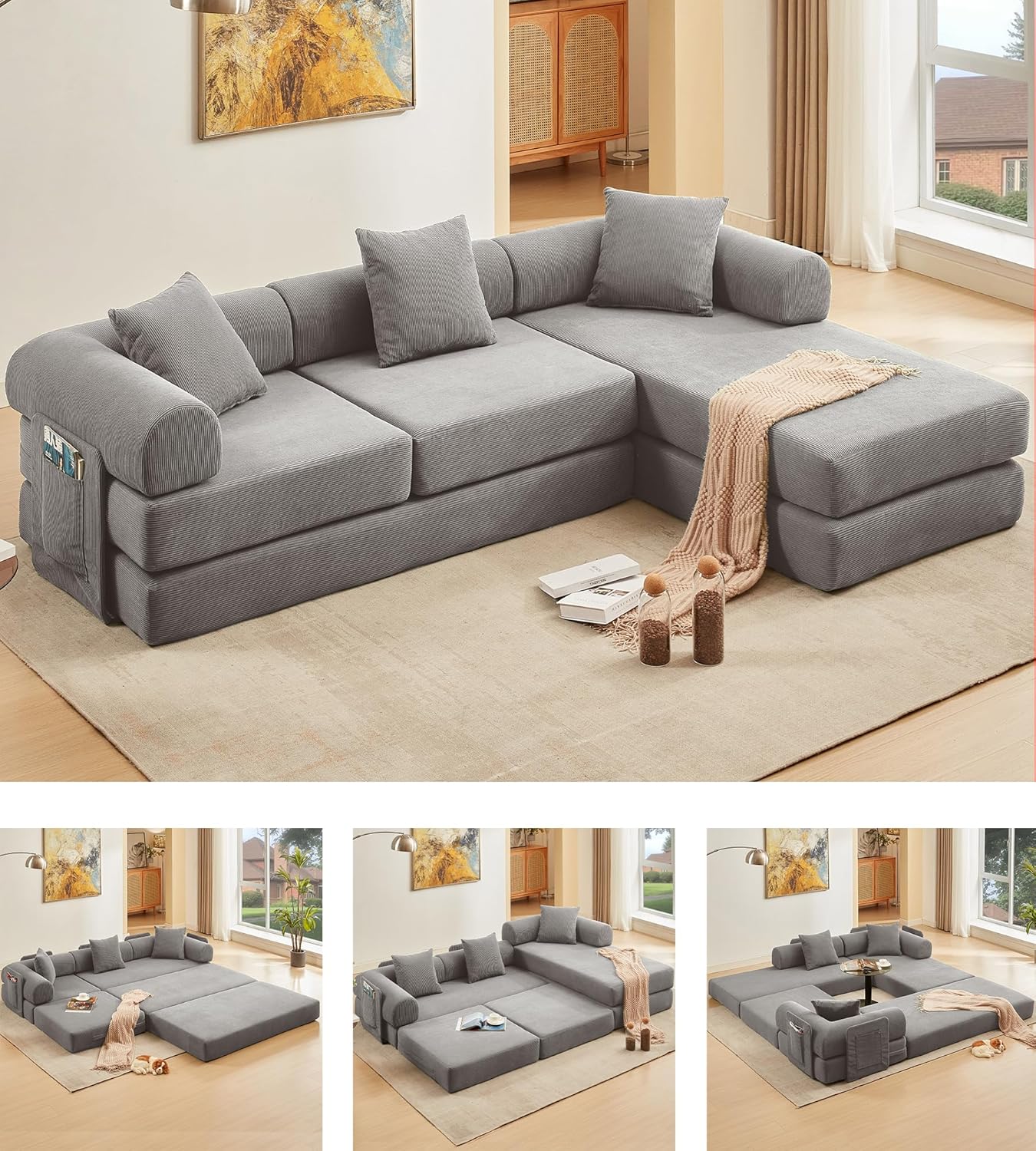 107" Oversized Convertible Sleeper Sofa Bed, Corduroy L Shape Sectional Couch, Folding Sofa Bed with Side Pocket, Modern Cloud Floor Mattress Couch, Modular Sofa for Living Room, Grey