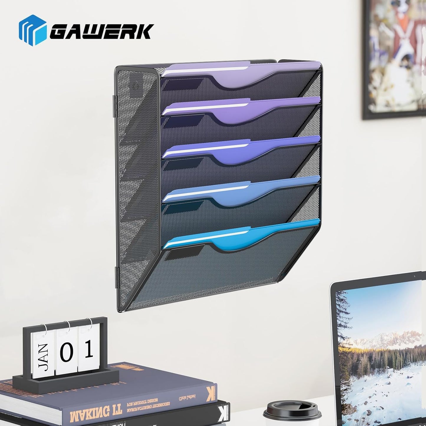5 Tier Hanging Wall File Organizer, Mesh Mail Paper Orgnization Hanging File Folder Holder for Home Office, Black