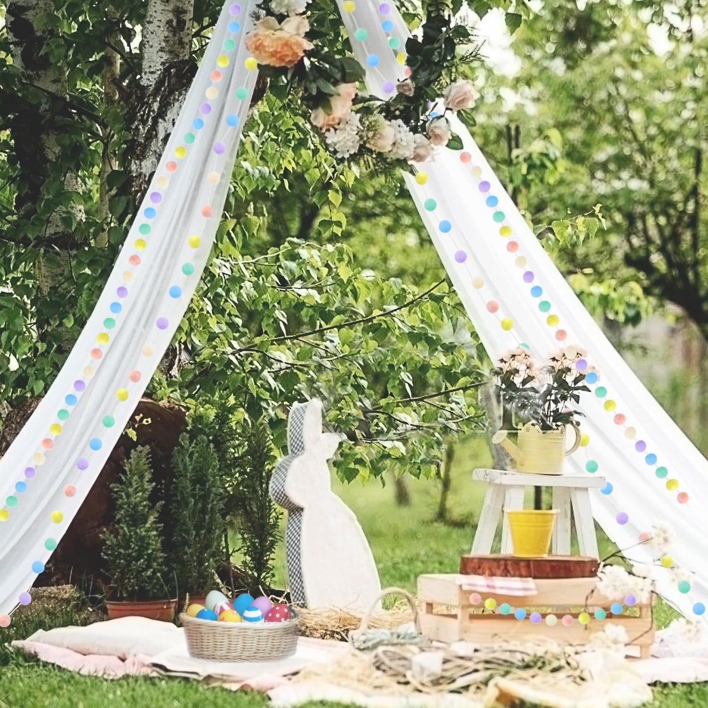 3pk Pastel Pom Pom Garland Easter Decorations Spring Home Decor Indoor Living Room Wall Classroom Xmas Tree, Cute Hanging Rainbow Colorful Felt Ball Garland Baby Shower Wedding Birthday Party Supplies