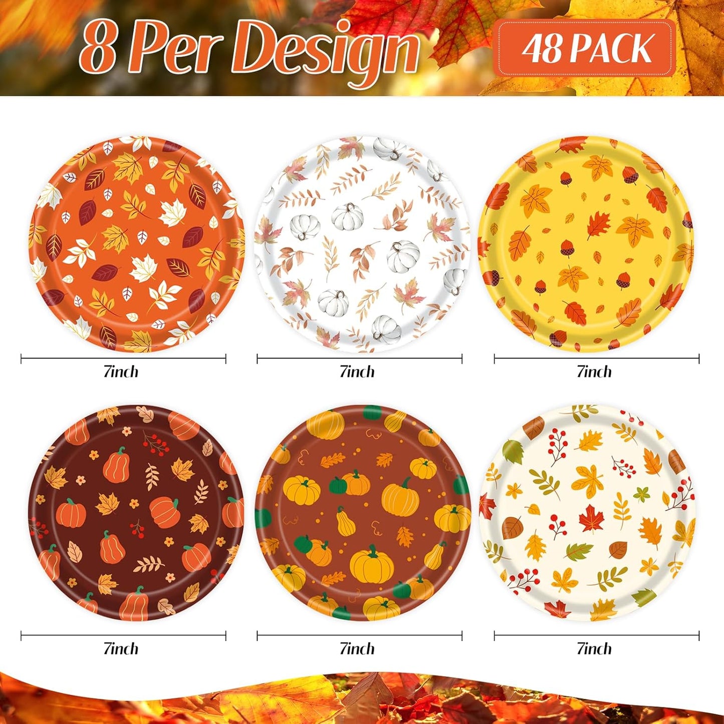 48 PCS Fall Paper Plates 7 inch, Leaves Pumpkin Thanksgiving Party Plates Disposable Cake Dessert Plate for Autumn Theme Party Decorations (Fall)