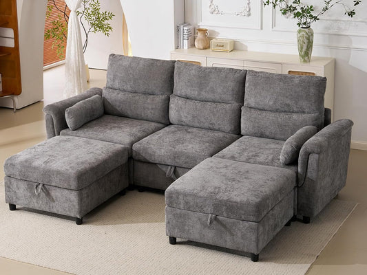 103''U Shaped Modular Sectional Sofa, Comfy Cloud Sectional Couch with Storage Ottoman, Chenille Deep Seat Modern Modular Sofa with 2 Throw Pillows for Living Room,Grey