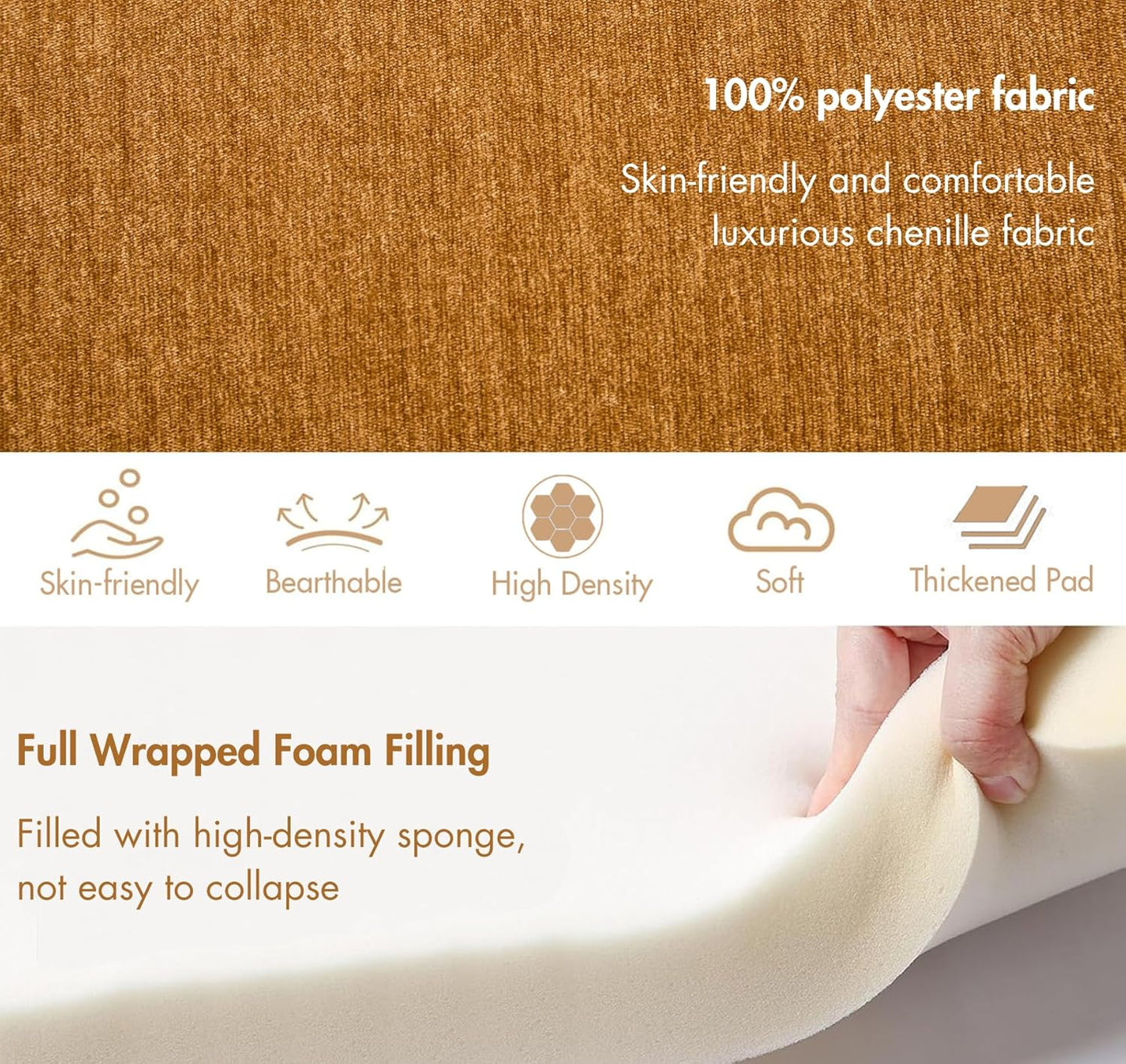 3-Piece 53" Comfy Upholstered Dining Bench with 2 Ottomans, Accent Waterfall Bench Modern End of Bed Entryway Bench Vanity Stool，Pumpkin Chenille