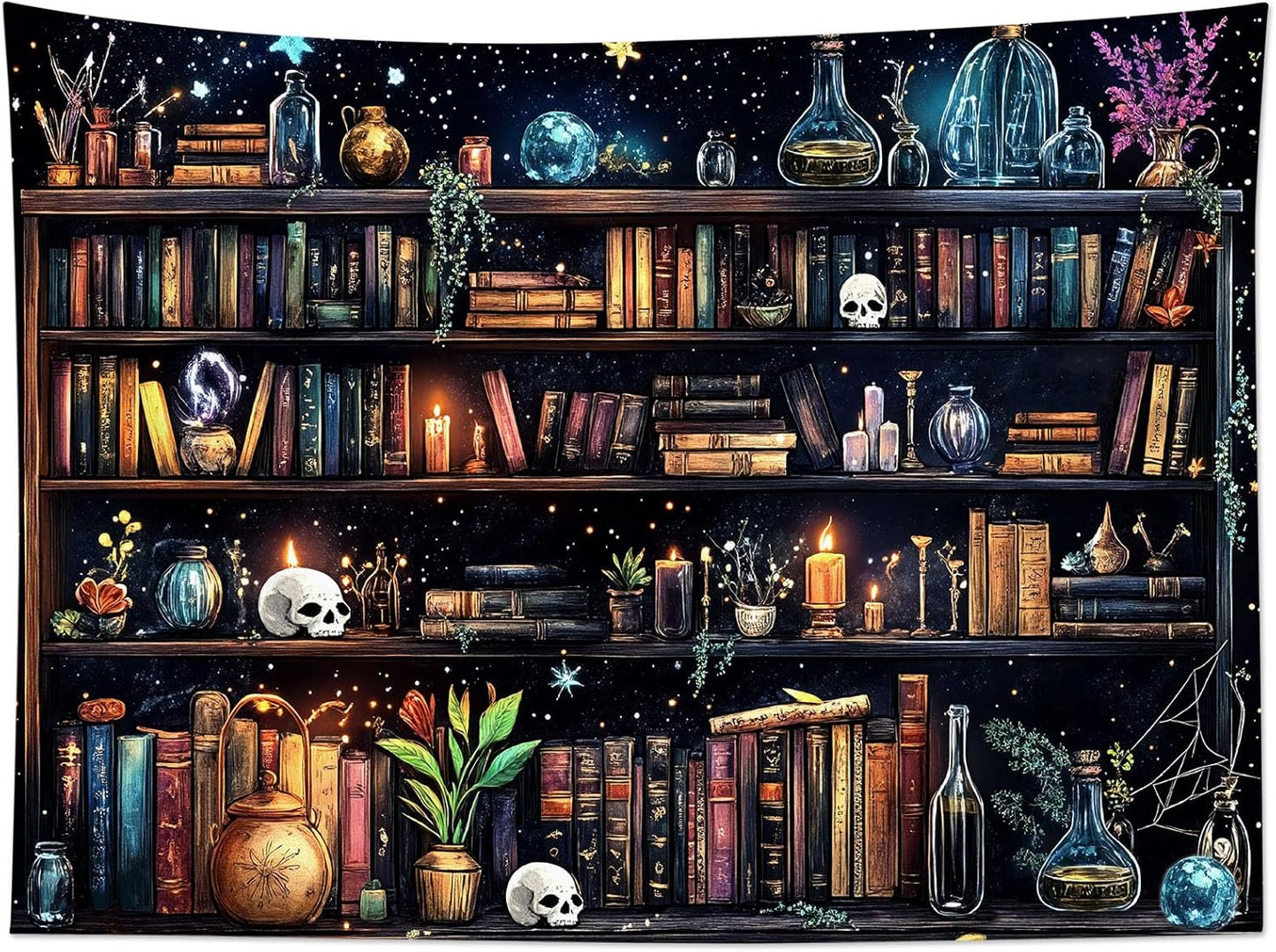 HVEST Magic Bookshelf Tapestry Vintage Bookshelf Witchy Books Plant Skull Gothic Halloween Tapestry Wall Hanging Starry Sky Wall Decor for Bedroom Living Room Dorm, 40L x 60W Inches