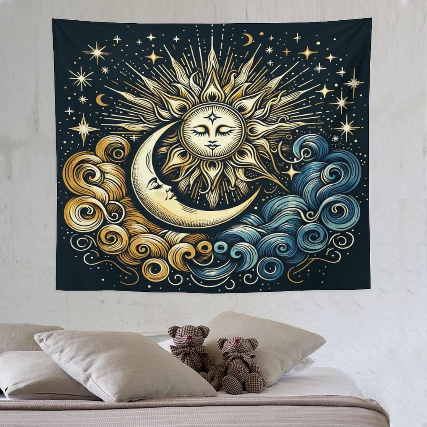 HZOHNAGO Sun Moon Tapestry Boho Golden Stars Pattern Printed Wall Tapestry Wall Hanging for Bedroom Living Room Dorm 60" W x 50" H
