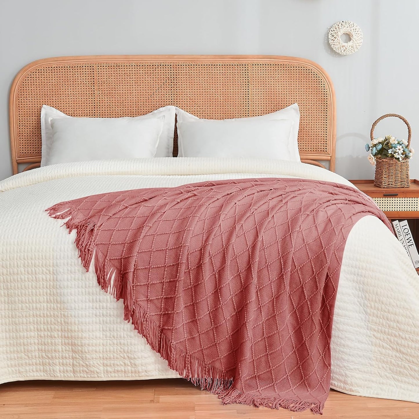 inhand Knitted Throw Blankets for Couch and Bed, Soft Cozy Knit Blanket with Tassel, Coral Pink Lightweight Decorative Blankets and Throws, Farmhouse Warm Woven Blanket for Men and Women, 60"x80"