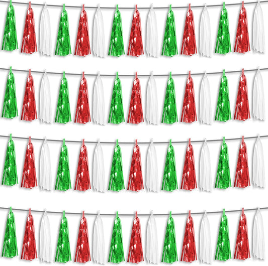 4P Red Green White Foil Fringe Metallic Tassel Streamers Banner Tassel Garland for Parade Floats, Graduation, Wedding, Birthday, Halloween, Christmas, Mexican Italian Birthday Party Decorations
