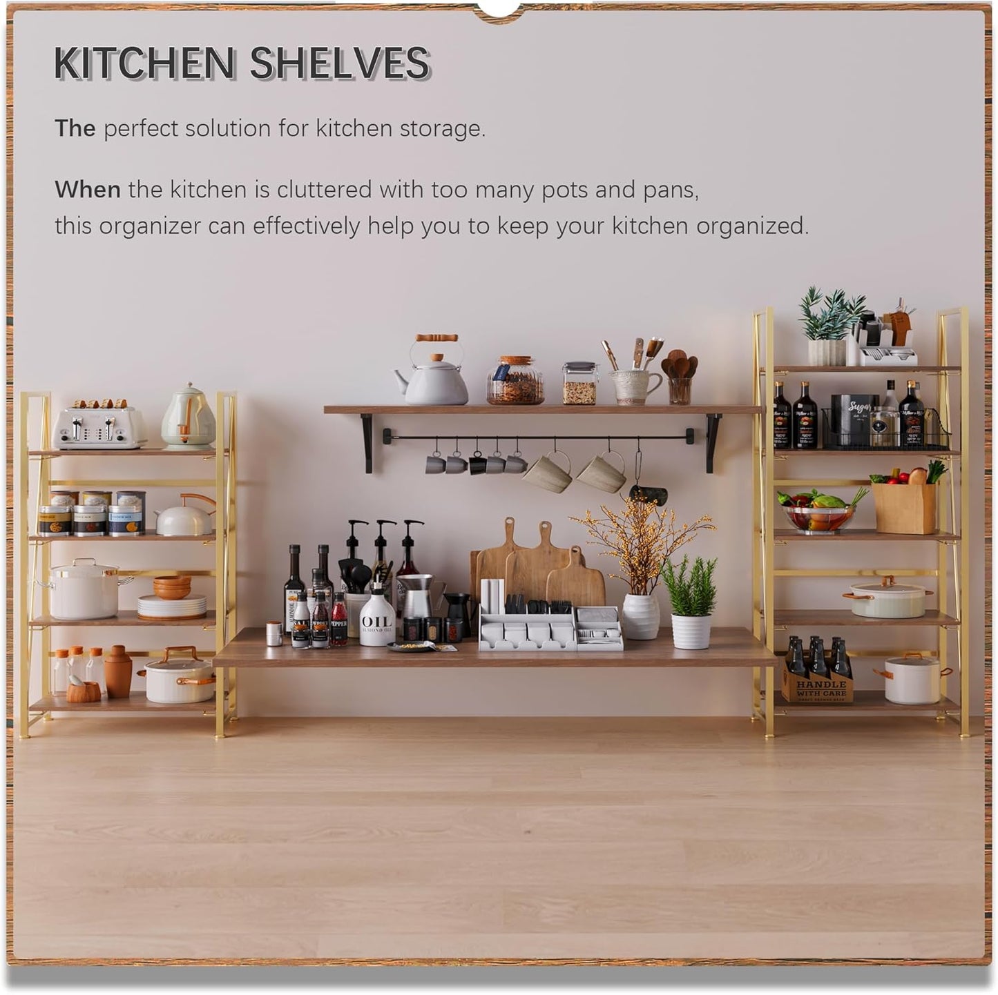 4NM No Assembly Foldable Bookshelf, 5-Shelf Collapsible Bookcase Storage for Small Spaces, 62.2" H, Brown and Golden