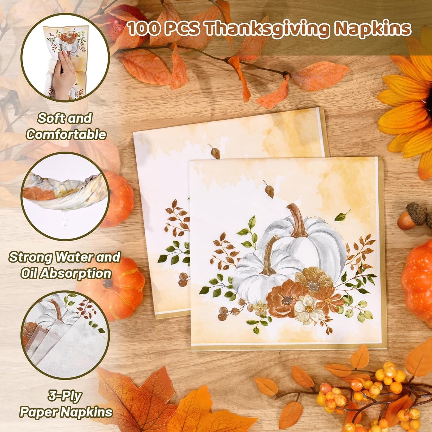 Homlouue 200 PCS Fall Plates and Napkins, Thanksgiving Plates and Napkins Sets, Watercolor Pumpkins Plate and Napkin for Fall Dinner, Thanksgiving Paper Plate for fall Autumn Harvest Party Supplies
