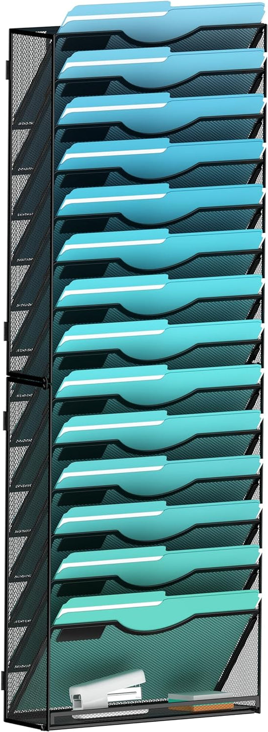 15-Tier Wall File Organizer Hanging Wall File Holder Wall Mount Paper Folder Organize, Mesh Magazine Document Mail Organizer Wall Organizer for Office School Home, Black