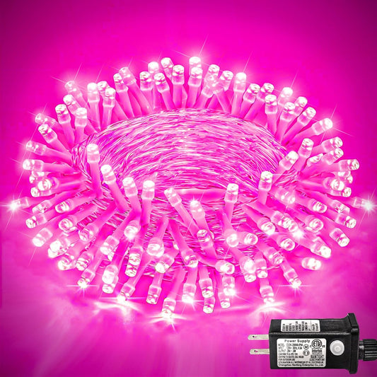 120 LED Pink Christmas Lights, 40ft Pink String Lights with 8 Modes Clear Wire Waterproof, Plug in Fairy String Light for Bedroom Valentines Day Christmas Decorations