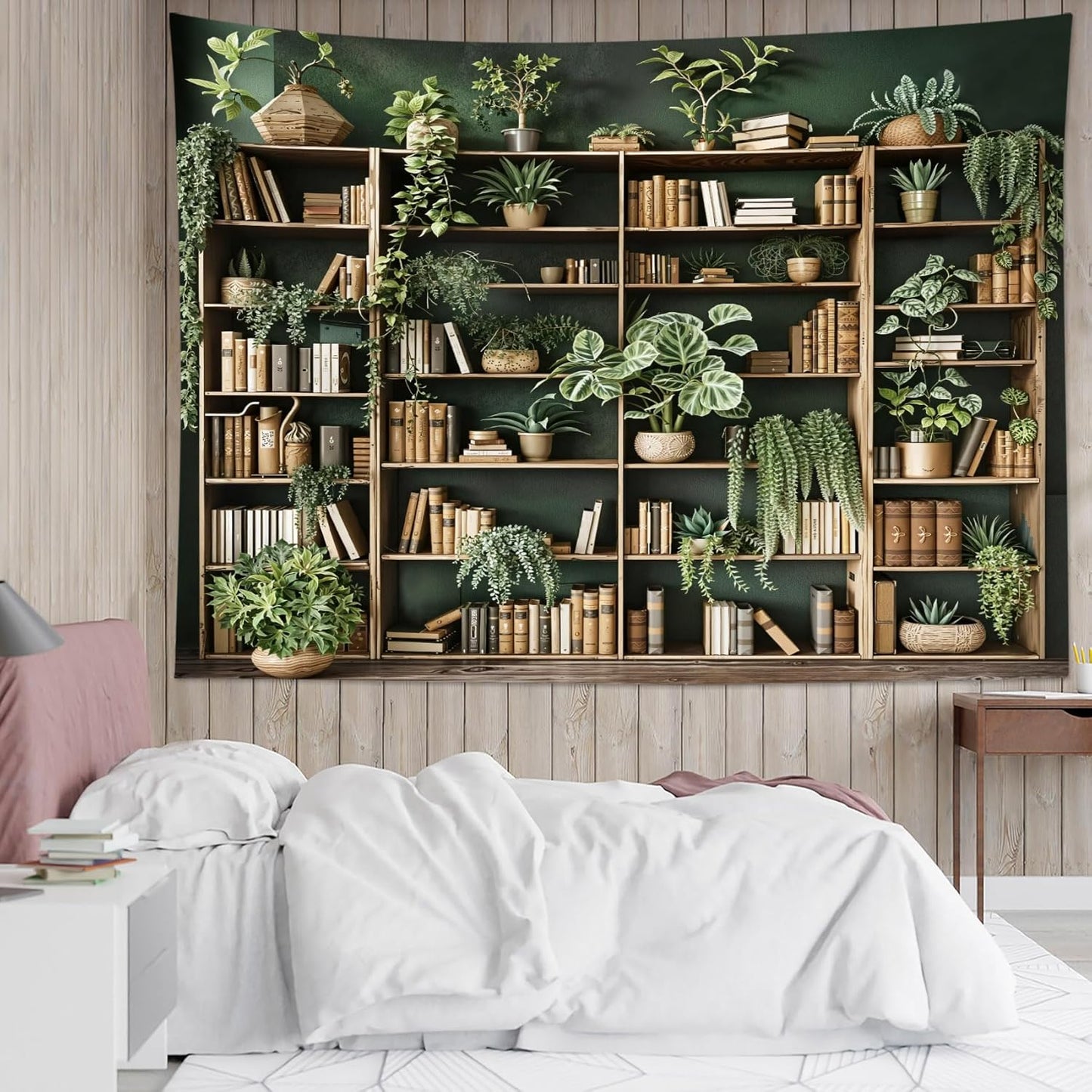 HVEST Green Plant Bookshelf Tapestry Book on Bookshelf and Plant Potted Tapestry Wall Hanging Reading Wall Tapestries for Study Room Bedroom Living Room College Dorm Decor, 51L x 59W Inches