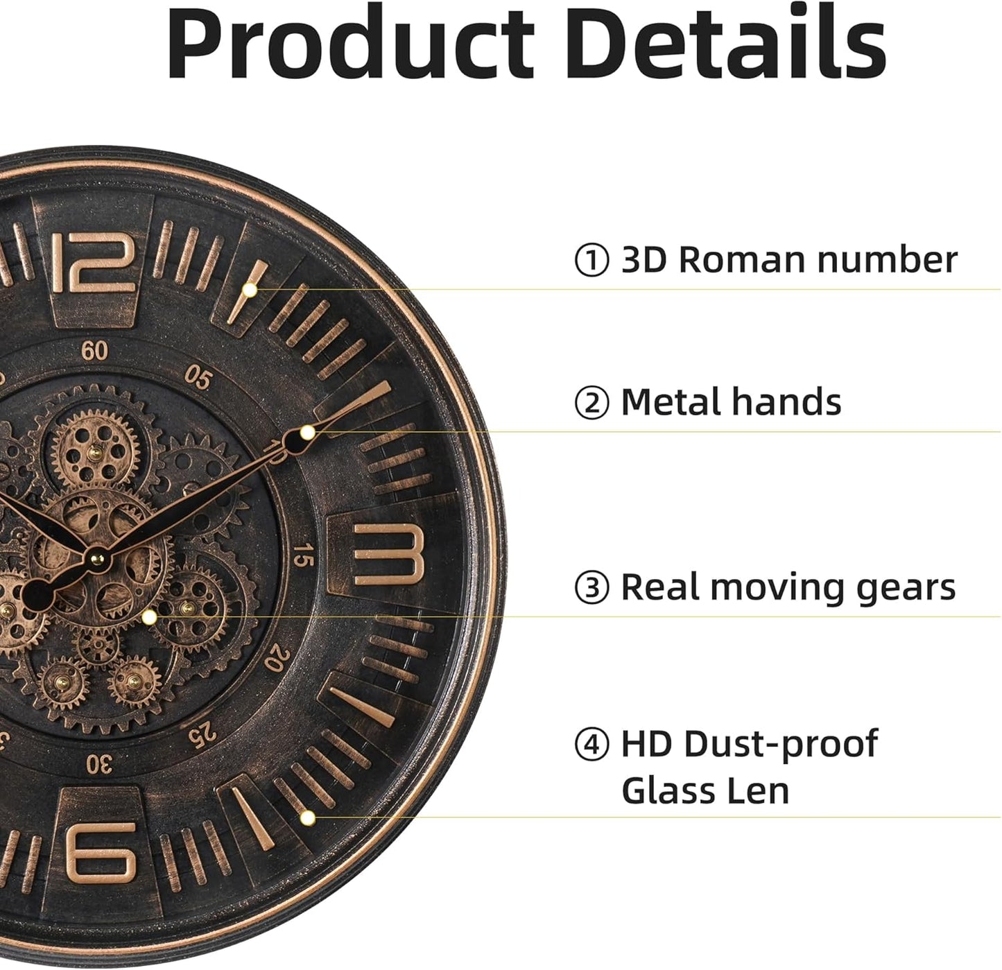 20in Large Real Moving Gears Wall Clock for Living Room, Battery Operated Wall Clocks Decorative Vintage, Home Office Clock, Gift for Family, Friends