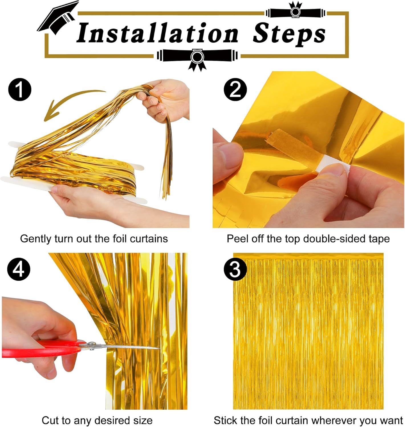 4 Pack 2025 Graduation Party Decorations, 3.28 x 7.05 Feet Gold Grad Curtains, Metallic Gold Backdrop Curtain Class of 2025 Backdrop Party Streamer, Congrad Backdrop Grad Decor 2025