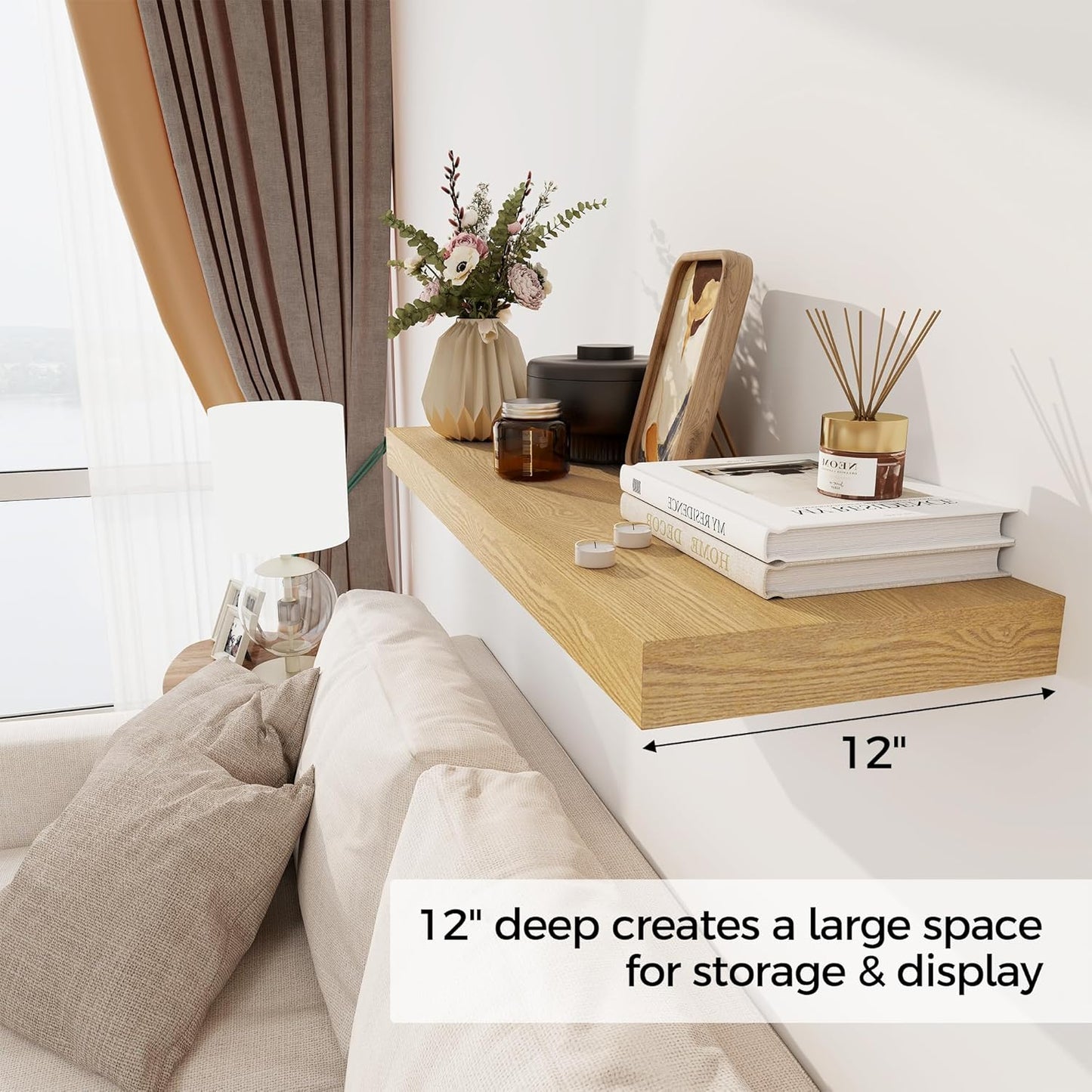 30 Inch Floating Shelves, 12 Inch Deep Floating Shelves for Wall, Rustic Wood 30 x 12 Shelves for Wall Storage & Display, 2 Inch Thicked Floating Shelf for Bathroom, Living Room, Oak Color, 2 Pack