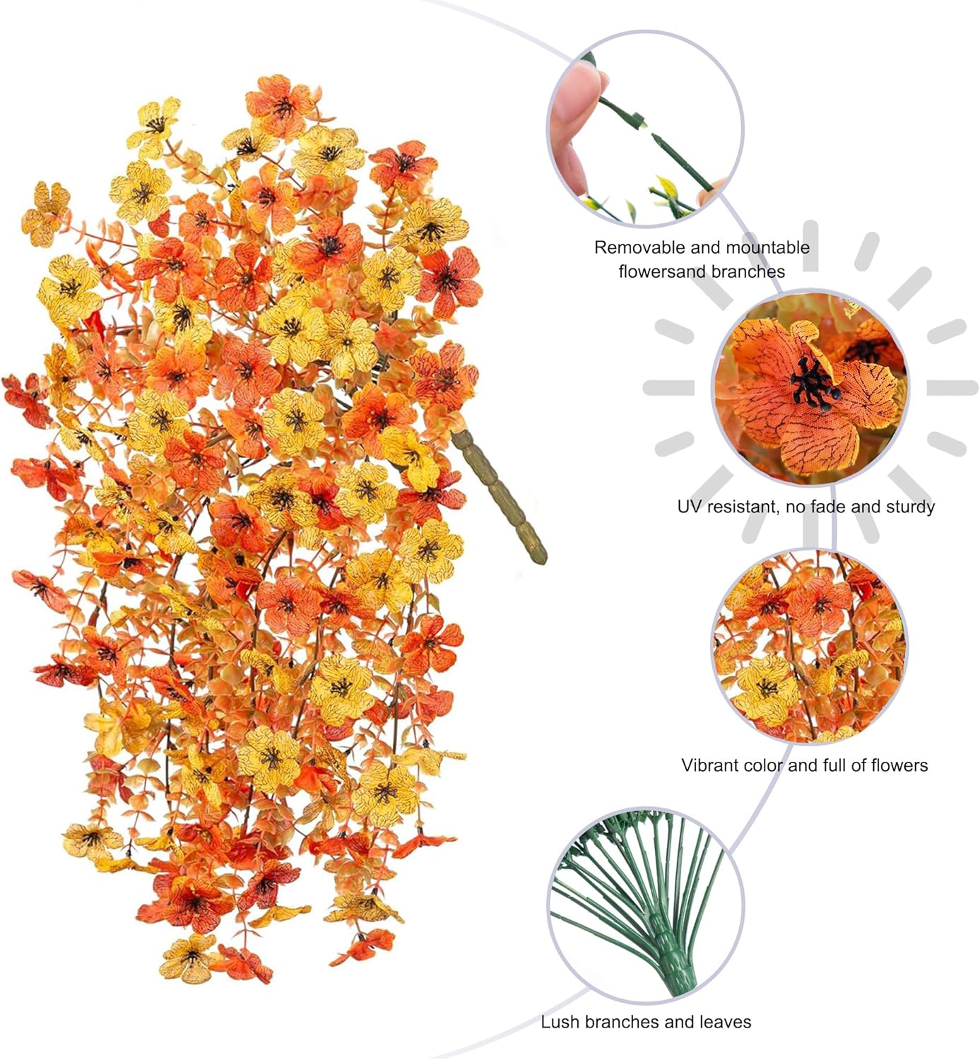 INSPRING Artificial Fall Flowers for Outdoors Decoration, 2Pcs Fake Fall Light Orange & Yellow Hanging Flowers, Faux Autumn Decor for Porch Patio Balcony Planter, Realistic Arrangement