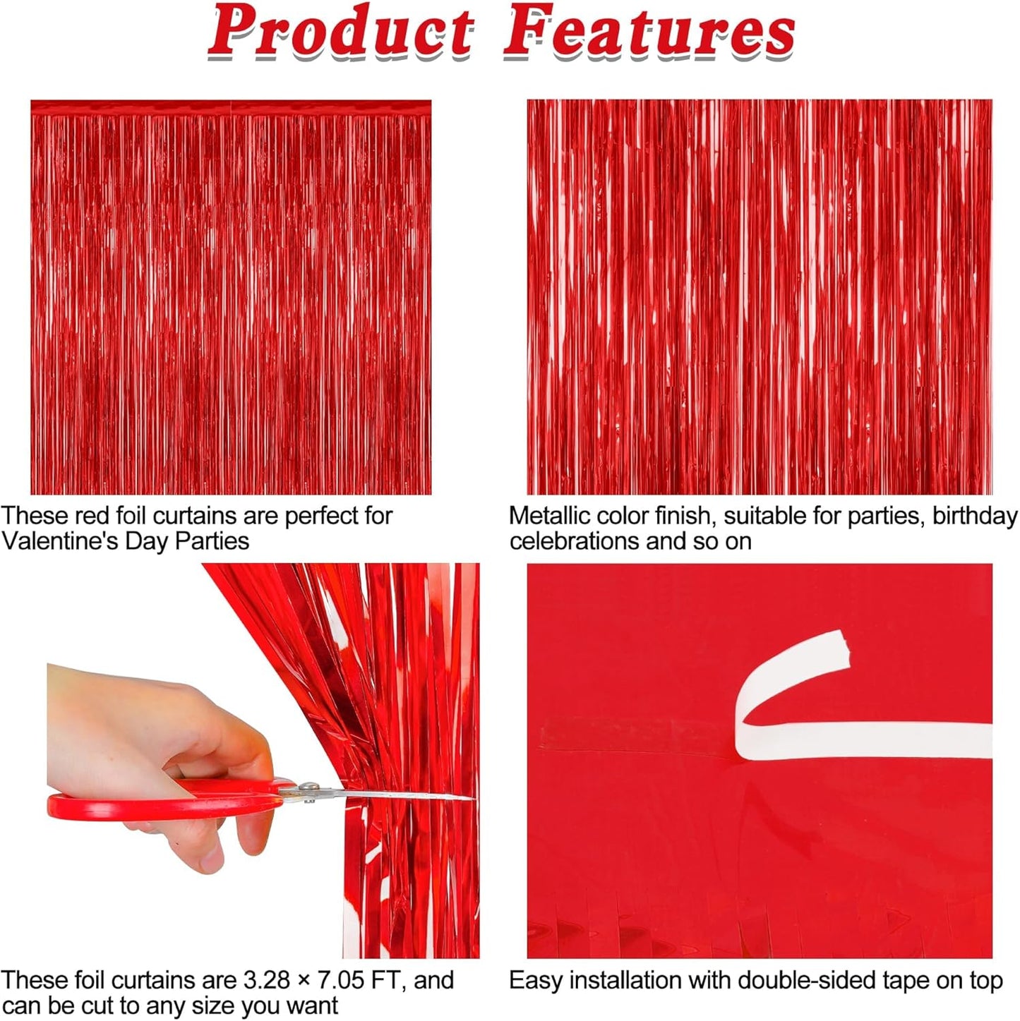 4 Pack Red Backdrop, 3.28 FT x 7.05 FT Party Streamer, Metallic Birthday Tinsel Backdrop Foil Fringe Curtains, Door Streamer for Red Party Decorations Casino Decor Photo Booth Props