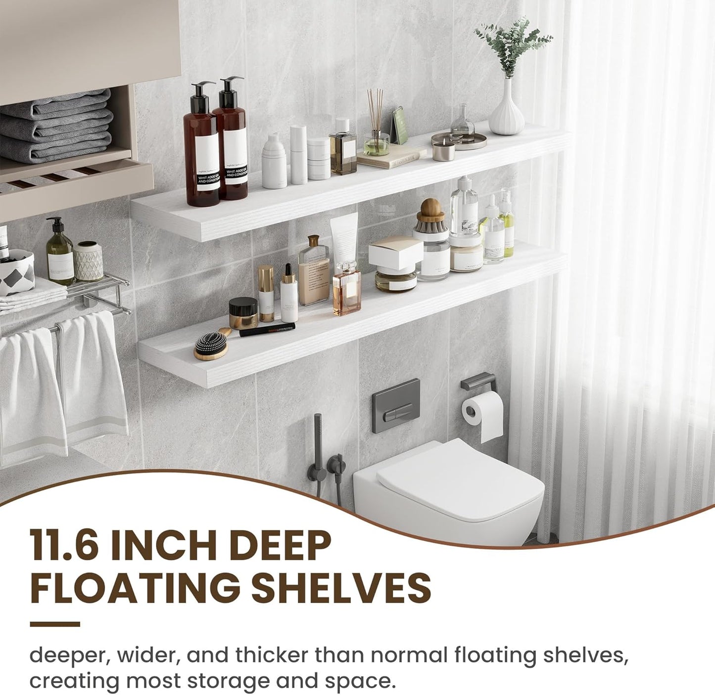 55 Inch Floating Shelves, 11.6 Inch Deep Floating Shelves for Wall, Floating Shelf with Invisible Brackets, Deep Shelves for Bathroom, Bedroom, Living Room, 1 Pack, White