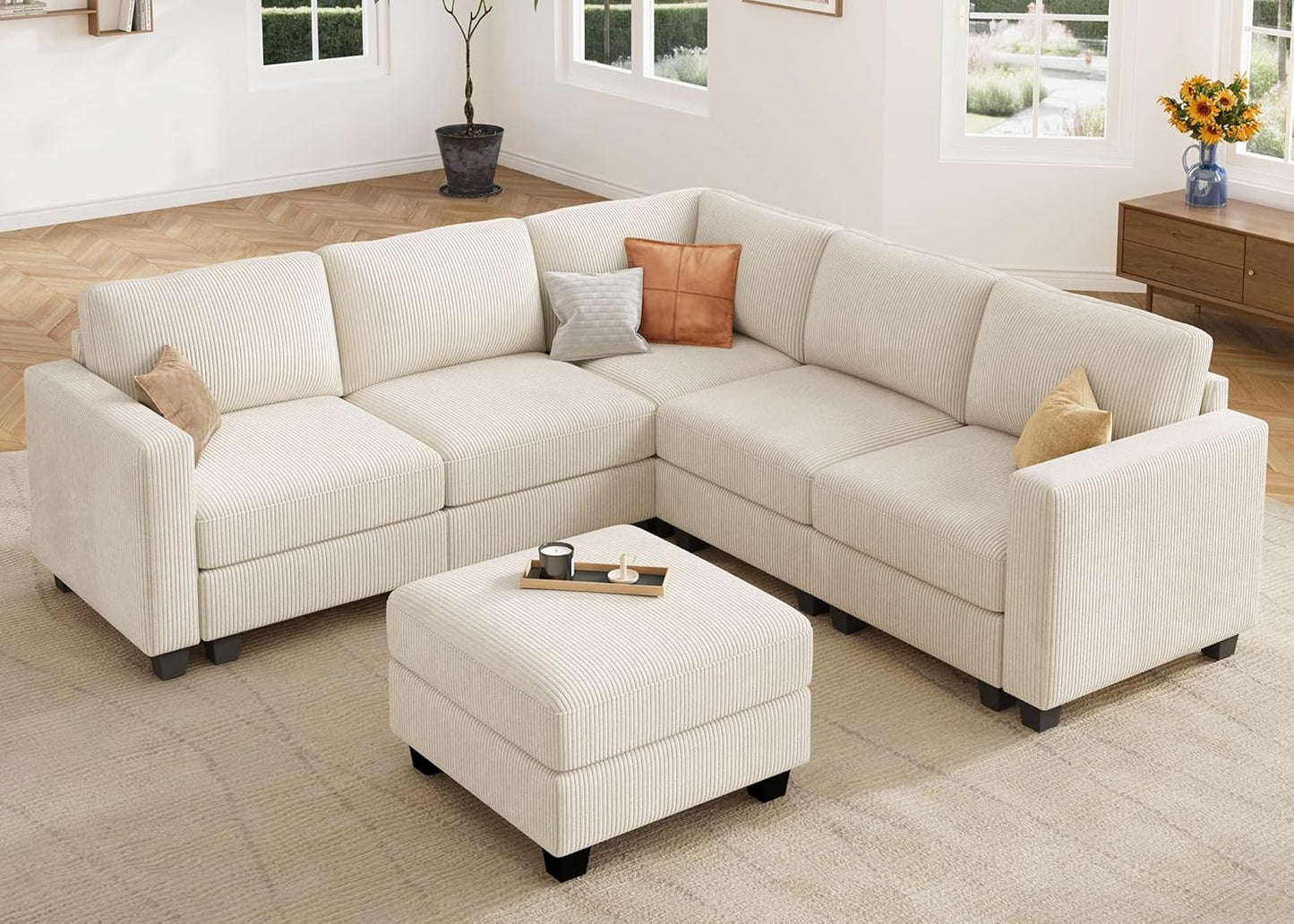 HONBAY Corduroy Modular Sectional Couch with Storage L-Shaped Sectional Couches for Living Room 6 Seater Modular Sectional Sofa, Beige
