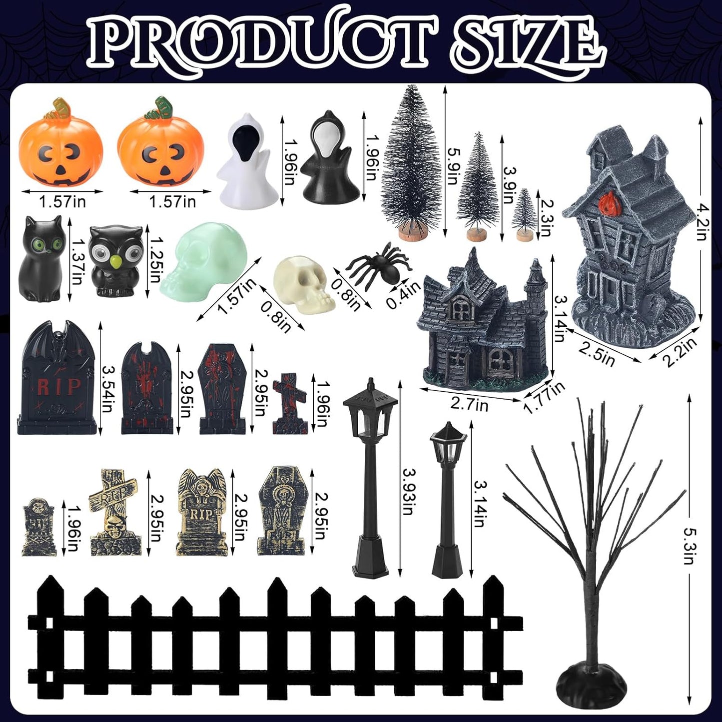 56 Pcs Halloween Village Accessories Set Halloween Haunted House Village Set Miniature Tombstones Tree Fake Spiders Fence Streetlamp Figurines for Home Table Party Decor